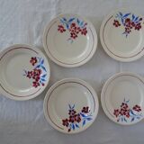 5 assiettes  anciennes faience Badonviller  décor fleurs bleu-rouge