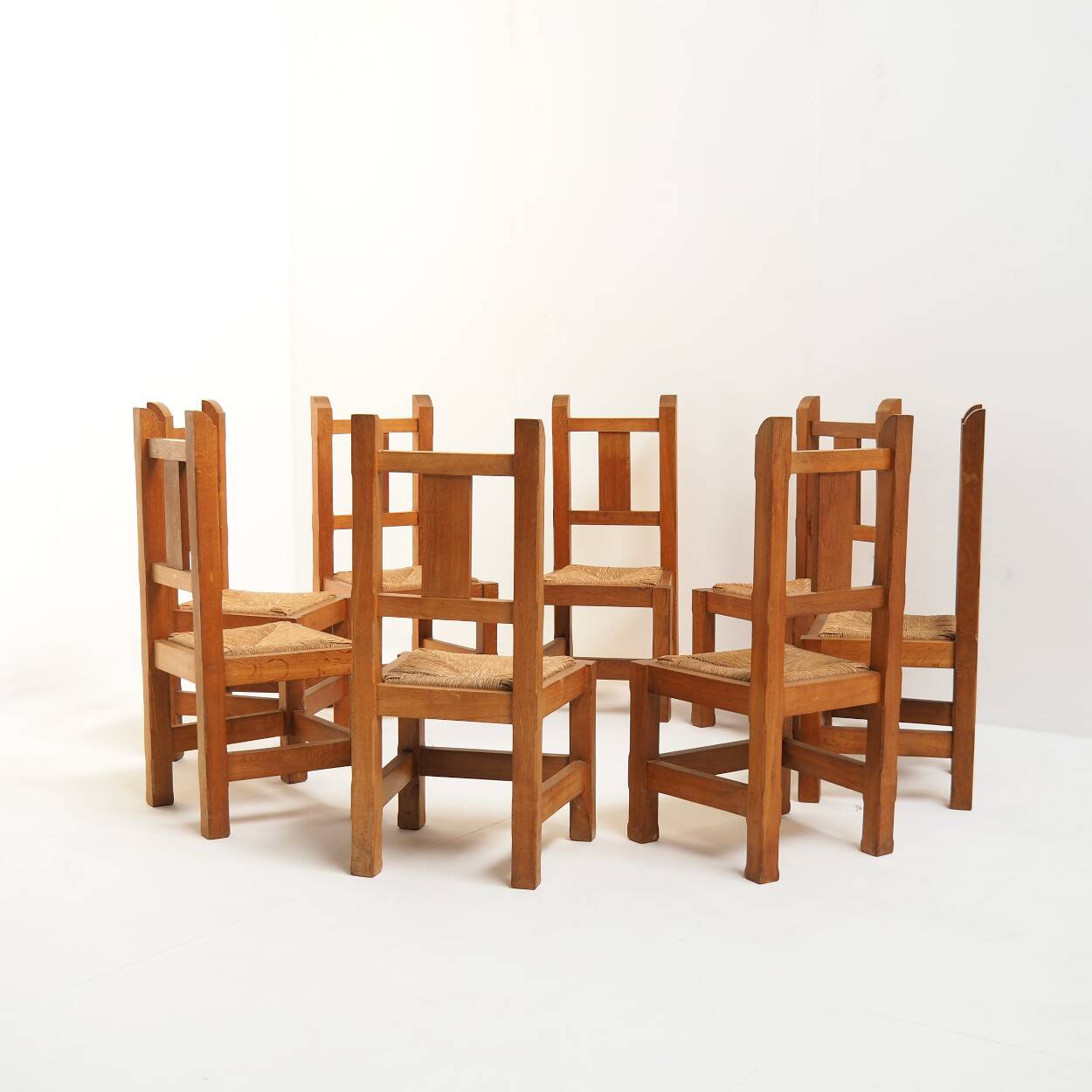 Set of Eight Handmade Solid Oak Chairs, 1970s