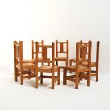 Set of Eight Handmade Solid Oak Chairs, 1970s