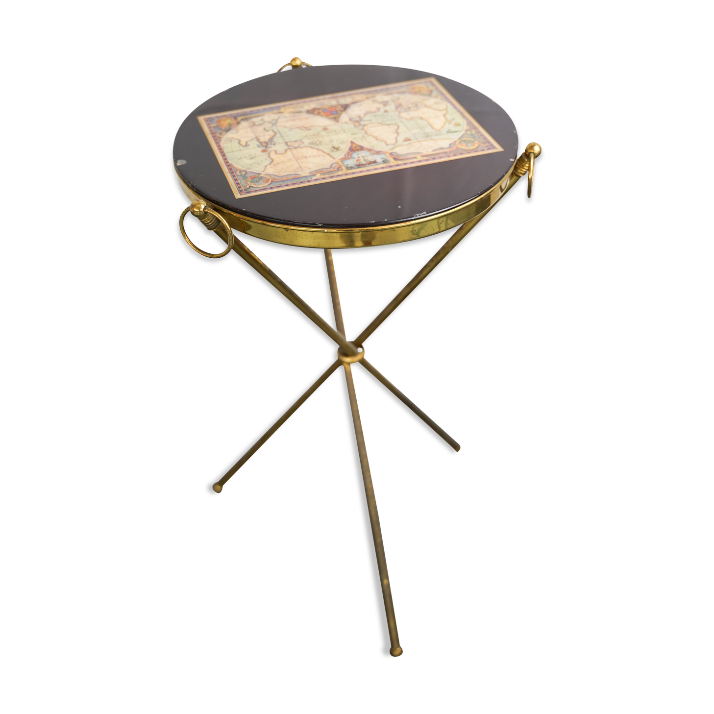 Small Italian brass and wood tripod coffee table from 50s