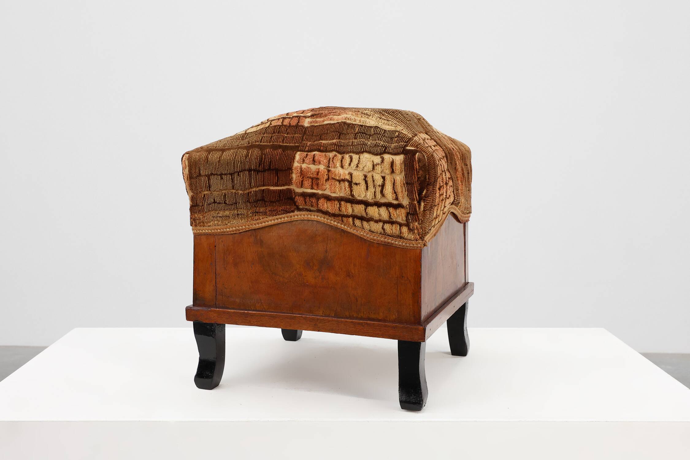 Pair Art Deco walnut stools with original velvet upholstery, Italy 1920s