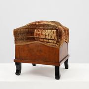 Pair Art Deco walnut stools with original velvet upholstery, Italy 1920s