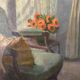 Old painting 1950 interior scene oil on canvas green armchair signed