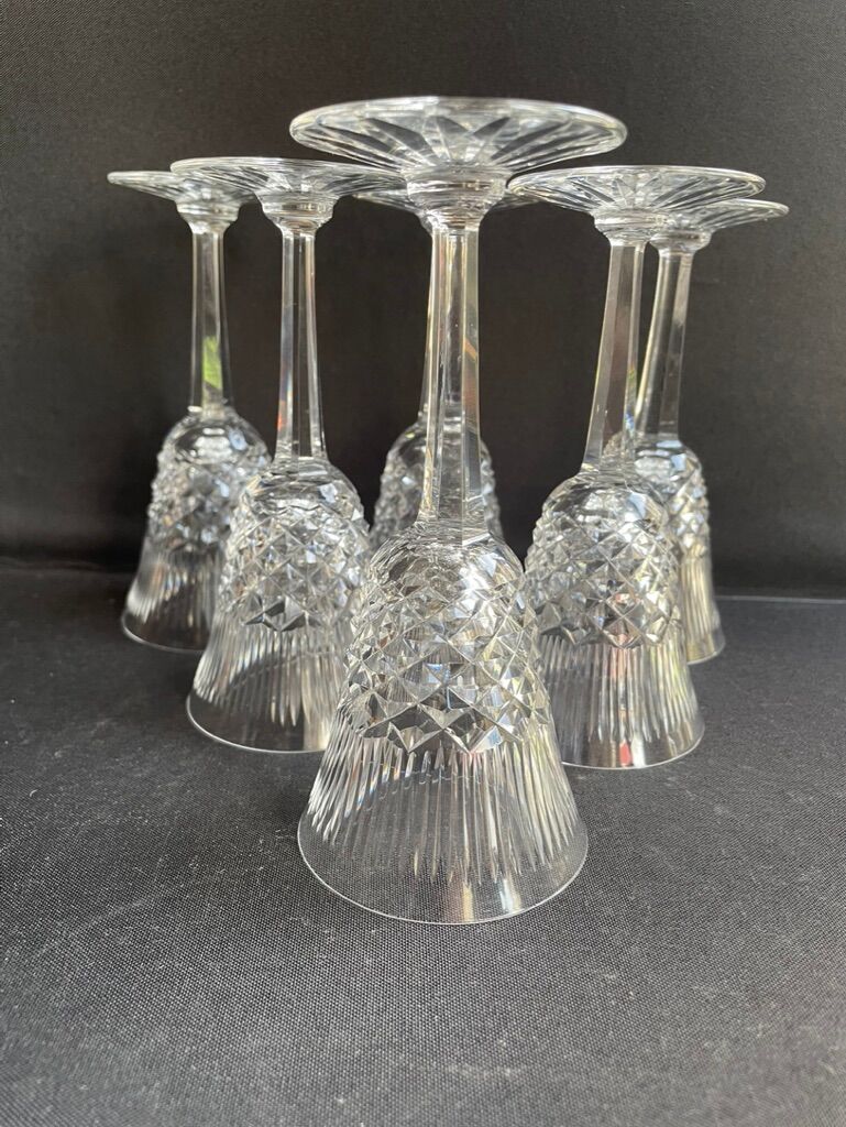 6 old carved crystal wine glasses