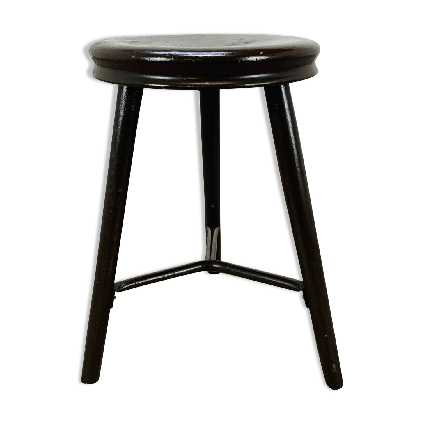 Industrial metal and wood tripod stool