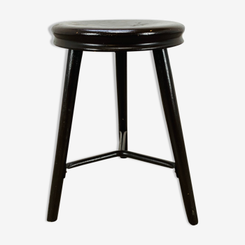 Industrial metal and wood tripod stool