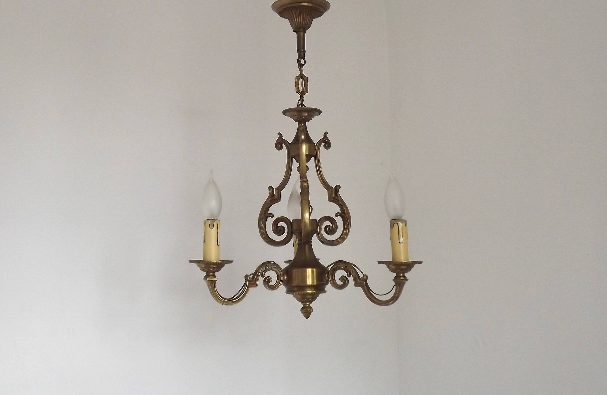 French Vintage Bronze Art Nouveau Style 3-Light 3-Sided Cage Chandelier