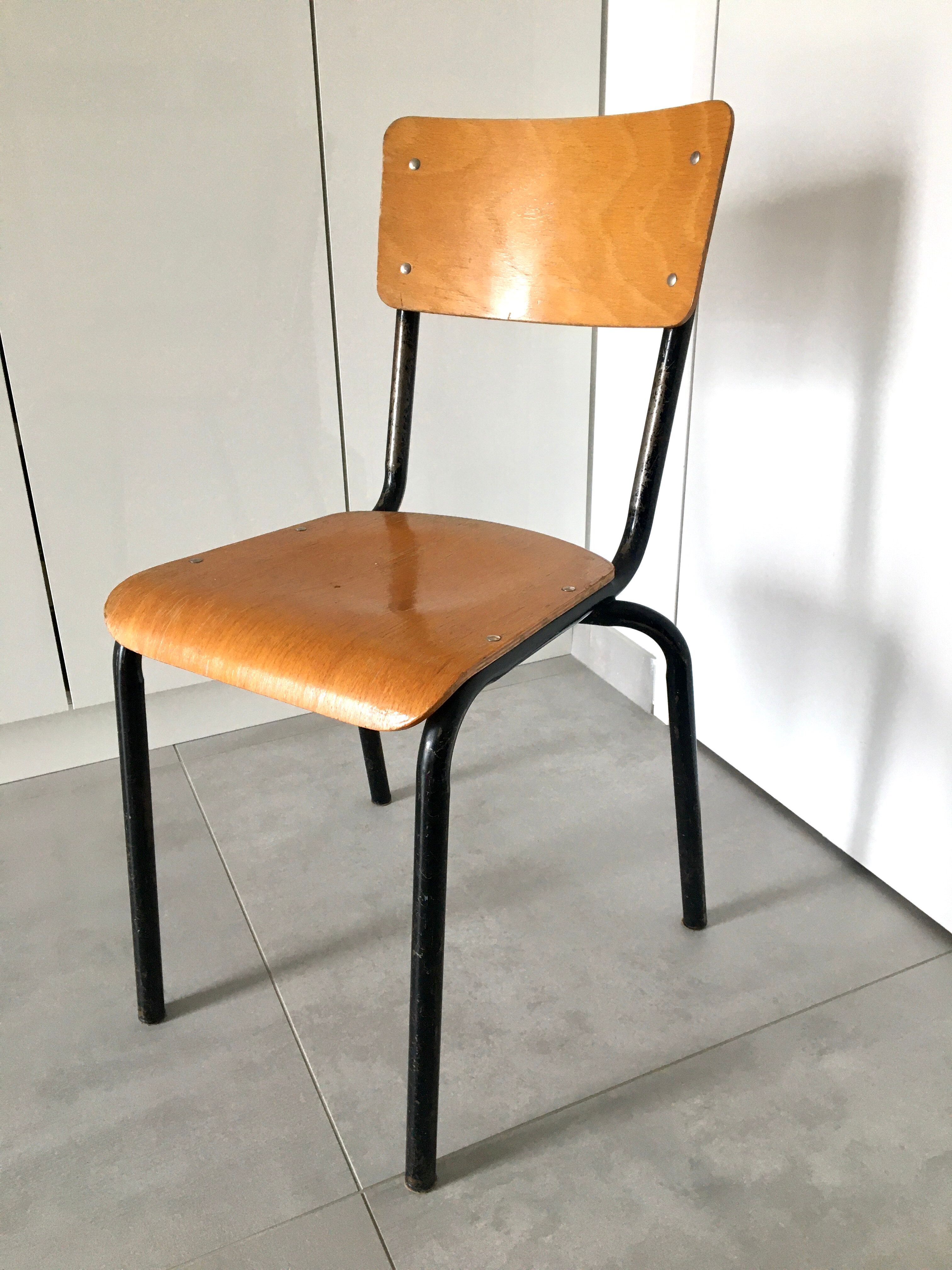Vintage beech school chair and black steel foot