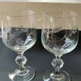Set of 7 crystal stemmed glasses. Frosted wheat ear motifs. Art Deco