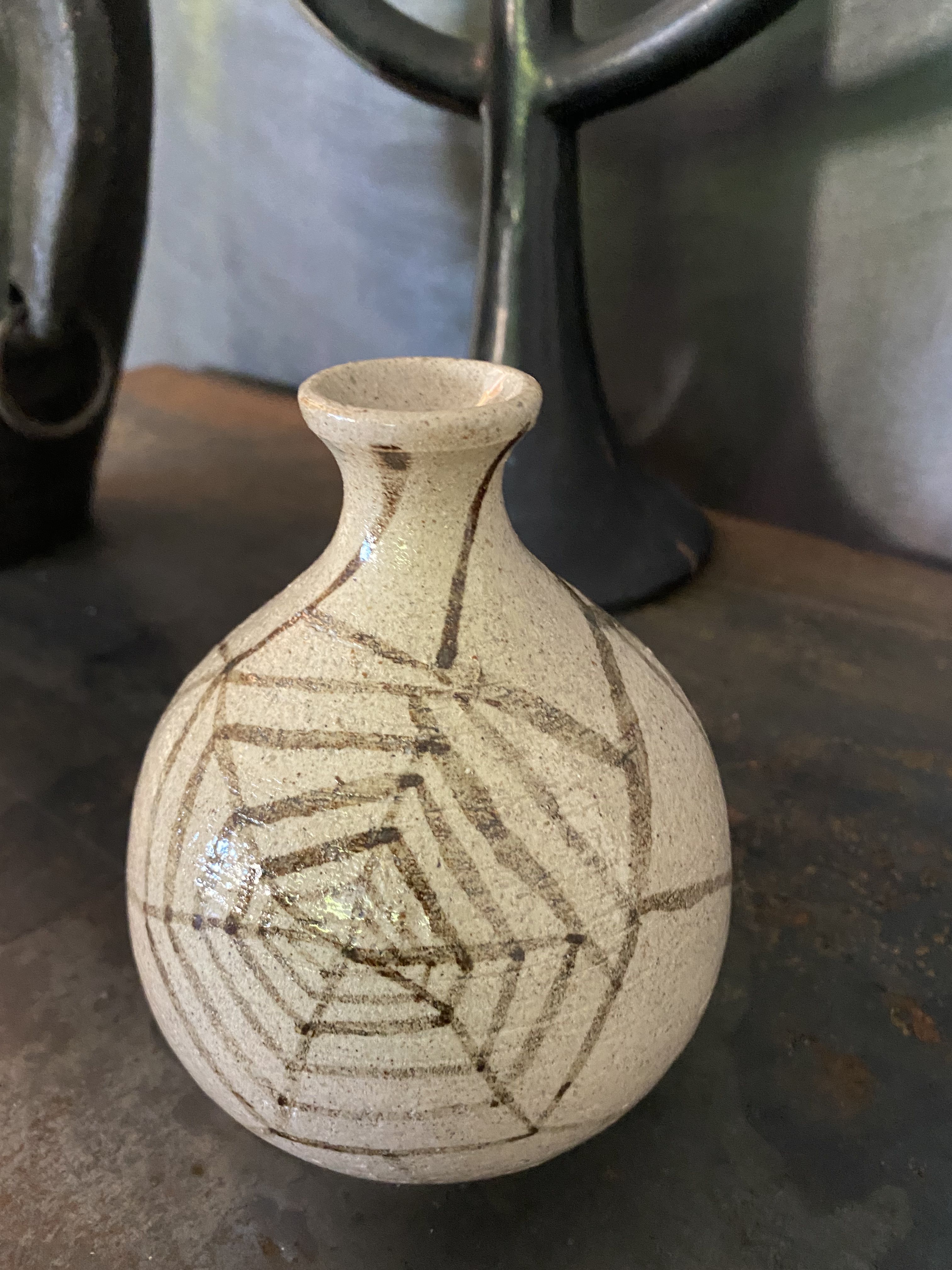 Vase ball ceramic vintage spider pattern signed mid century
