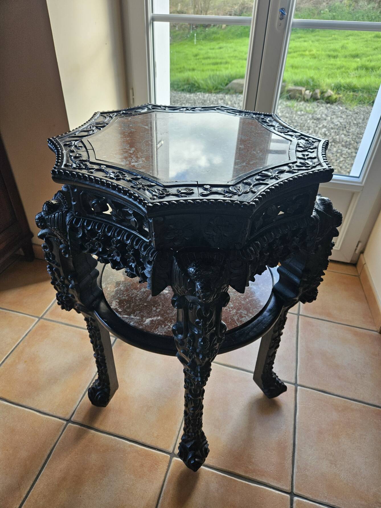 Antique Orientalist gueridon, carved – double marble top – late 19th century.