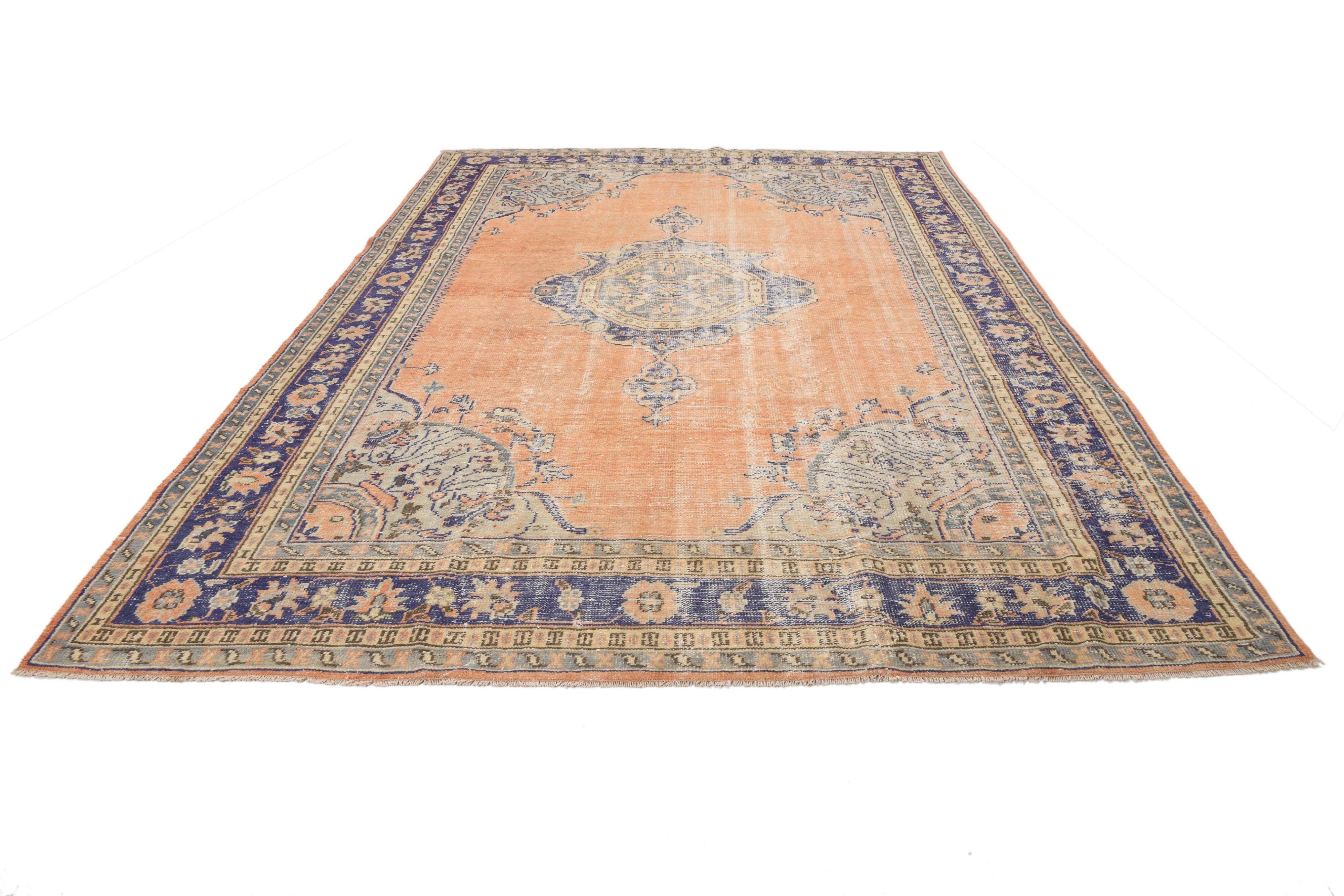 Orange & navy blue turkish vintage rug