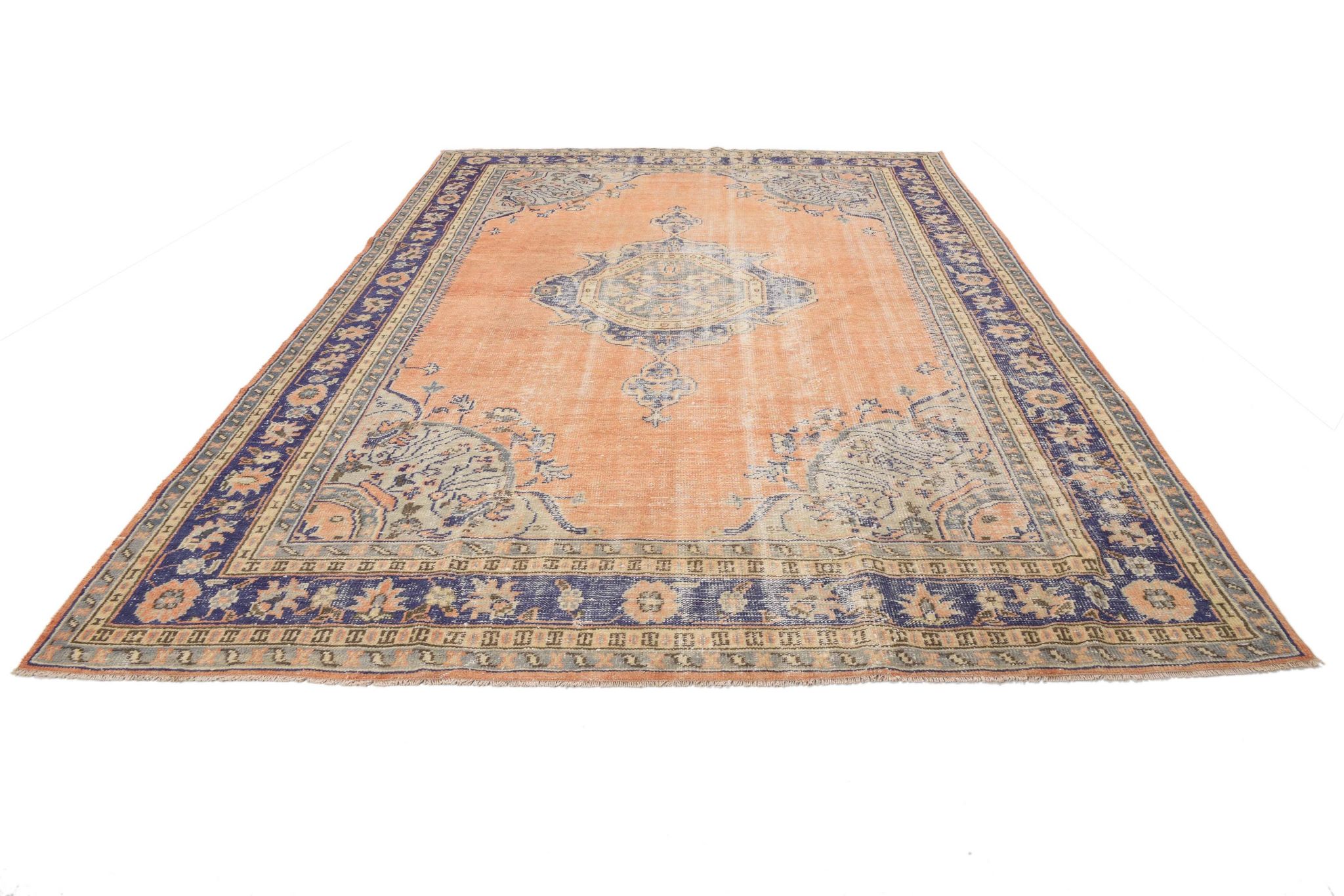 Orange & navy blue turkish vintage rug
