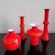 Arrangement of 4 red glass 'Carnaby' vases by Per Lütken for Holmegaard, Denmark 1960's