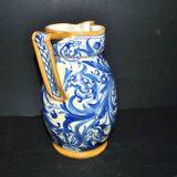 Large Italian ceramic pitcher barbotine majolica blue and yellow decoration