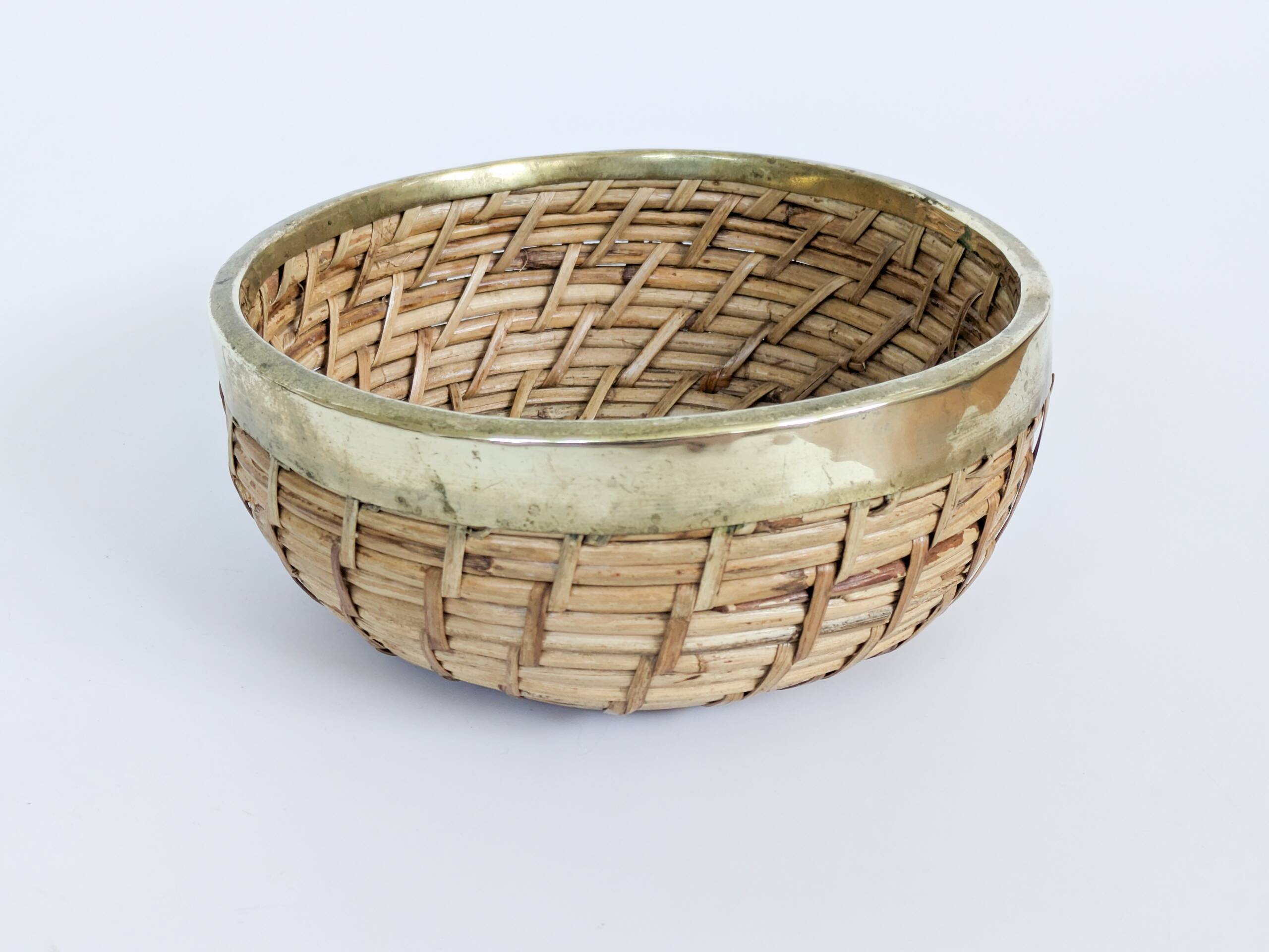Vintage Brass Rattan Bowl by Gabriella Crespi 1970s Fruit Basket