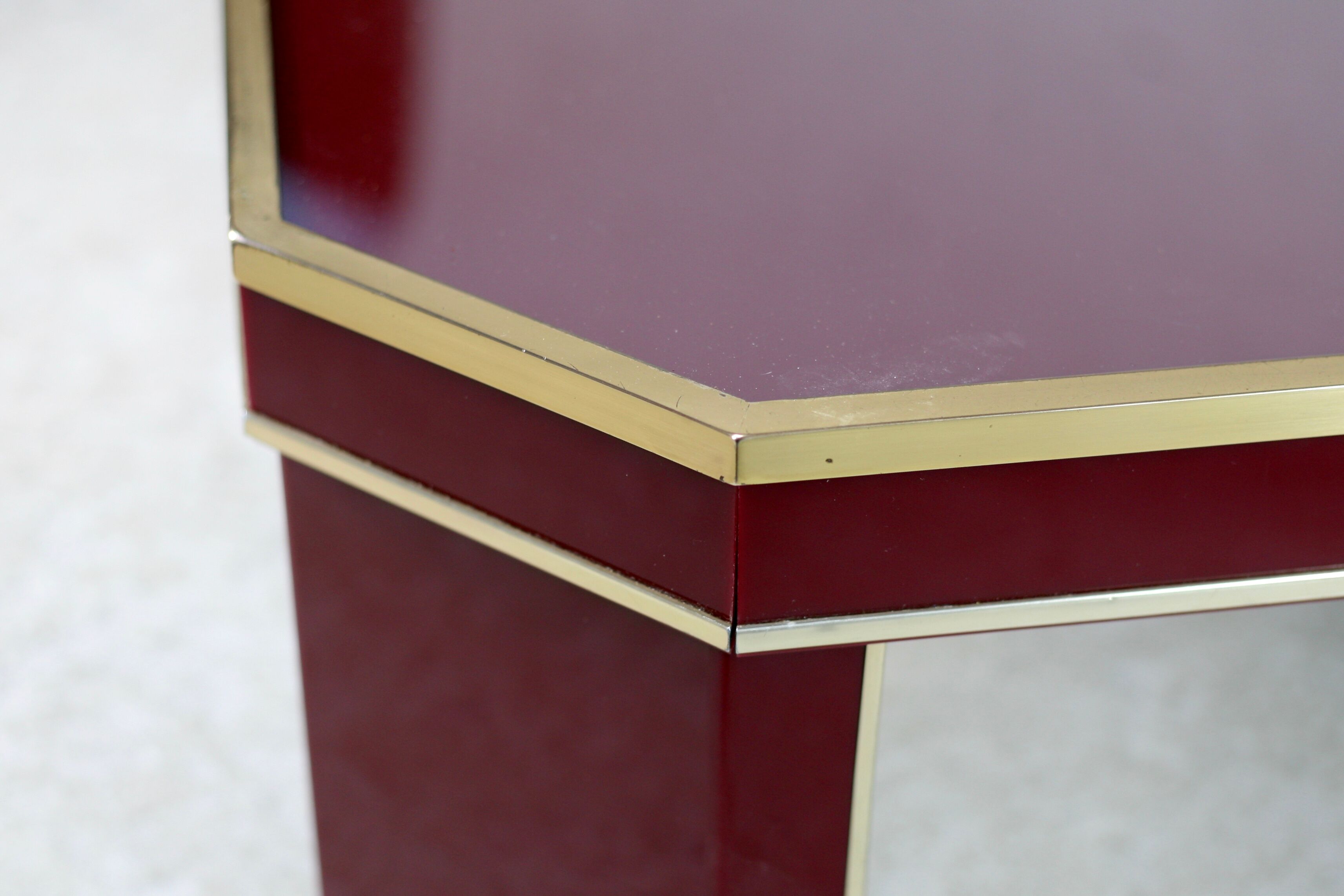 Coffee table Eric Maville glass brass plexiglass wood France, 70s. Small scratches. small