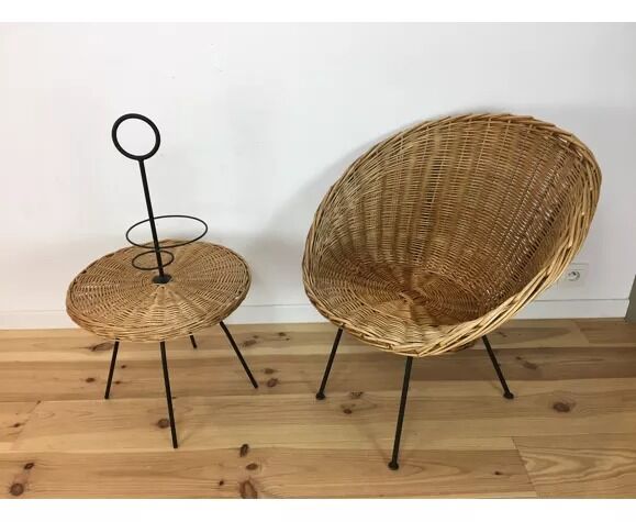 Table d'appoint 1950 osier et métal portative