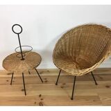 Side table 1950 wicker and portable metal