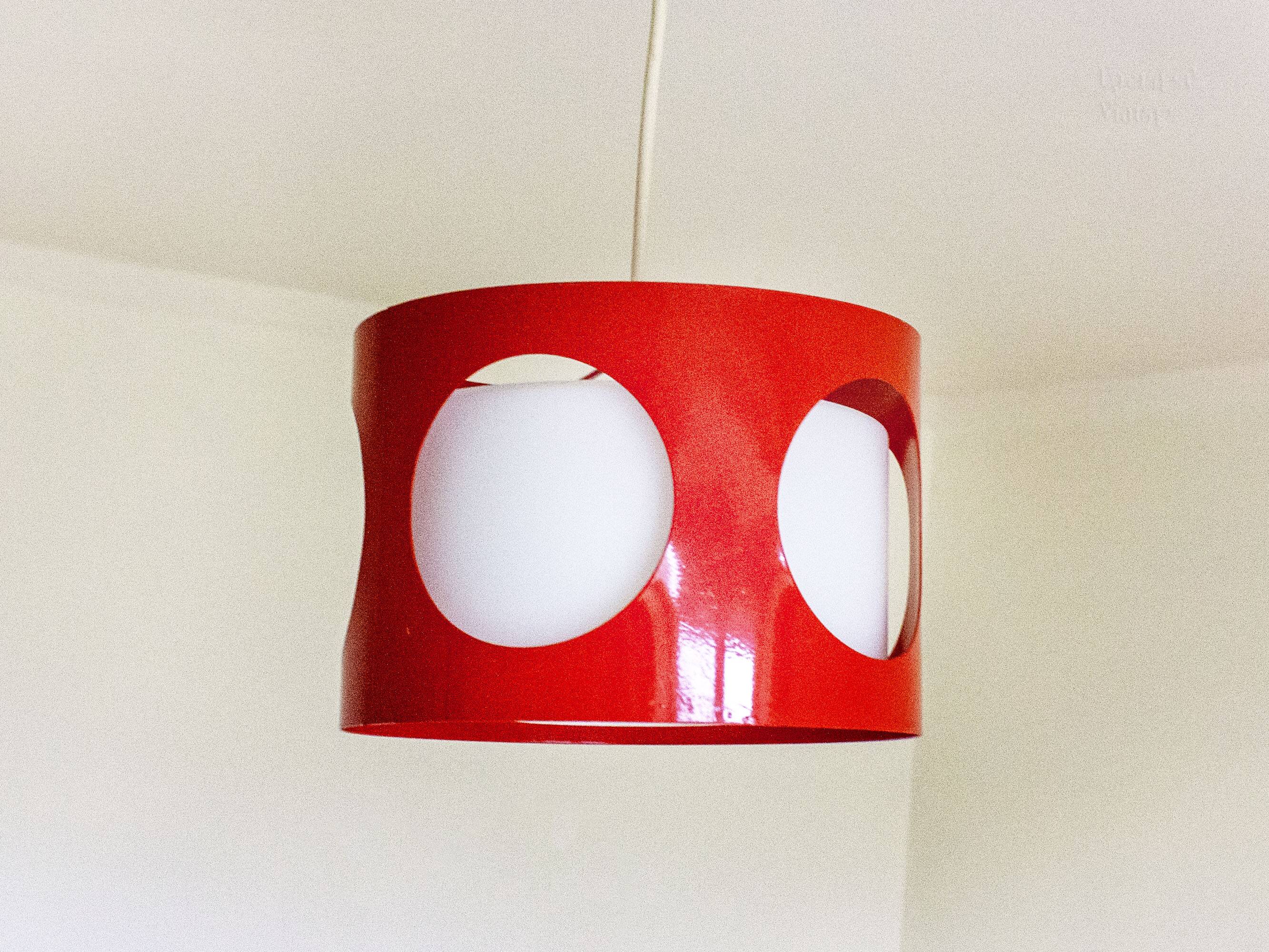Vintage UFO ceiling light in red metal and white glass