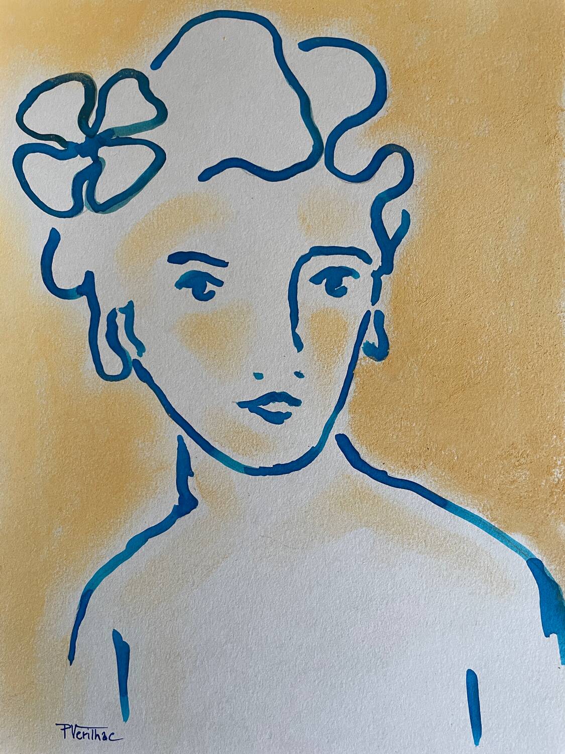 Signed painting in Chinese ink and pastel, “art deco” female portrait