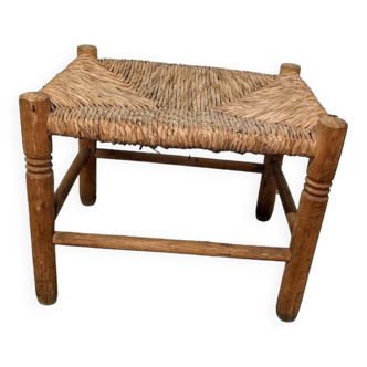 Wood and straw foot stool