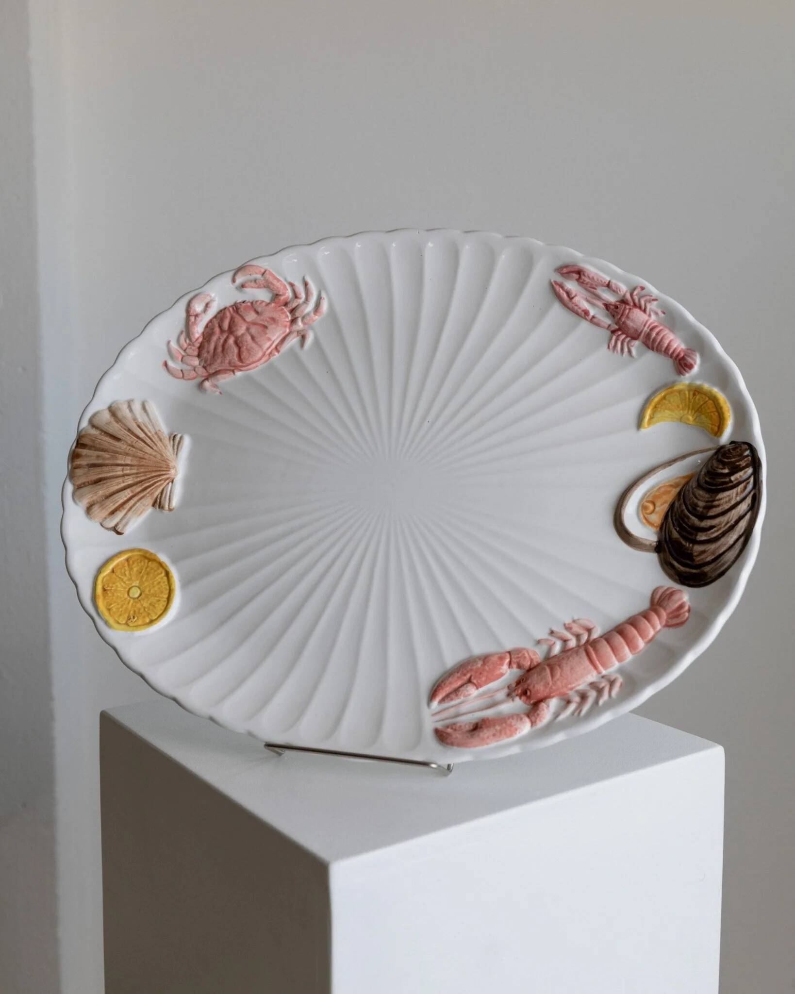 XL White Ceramic Oval Seafood Plate, 1980s Japan, Hand-Painted Relief, Vintage Decor