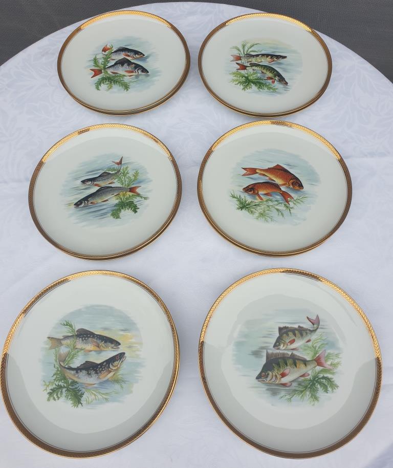 Set 12 plates porcelain fish edge laurel gold Bernardaud