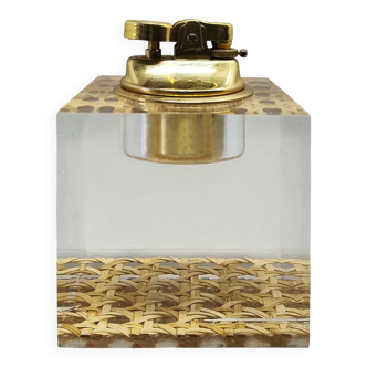 1970s Stunning Table Lighter in Vienna Straw By Geolel. Made in Italy