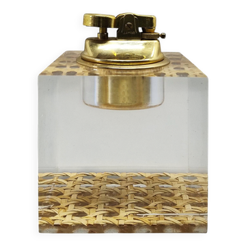 1970s Stunning Table Lighter in Vienna Straw By Geolel. Made in Italy