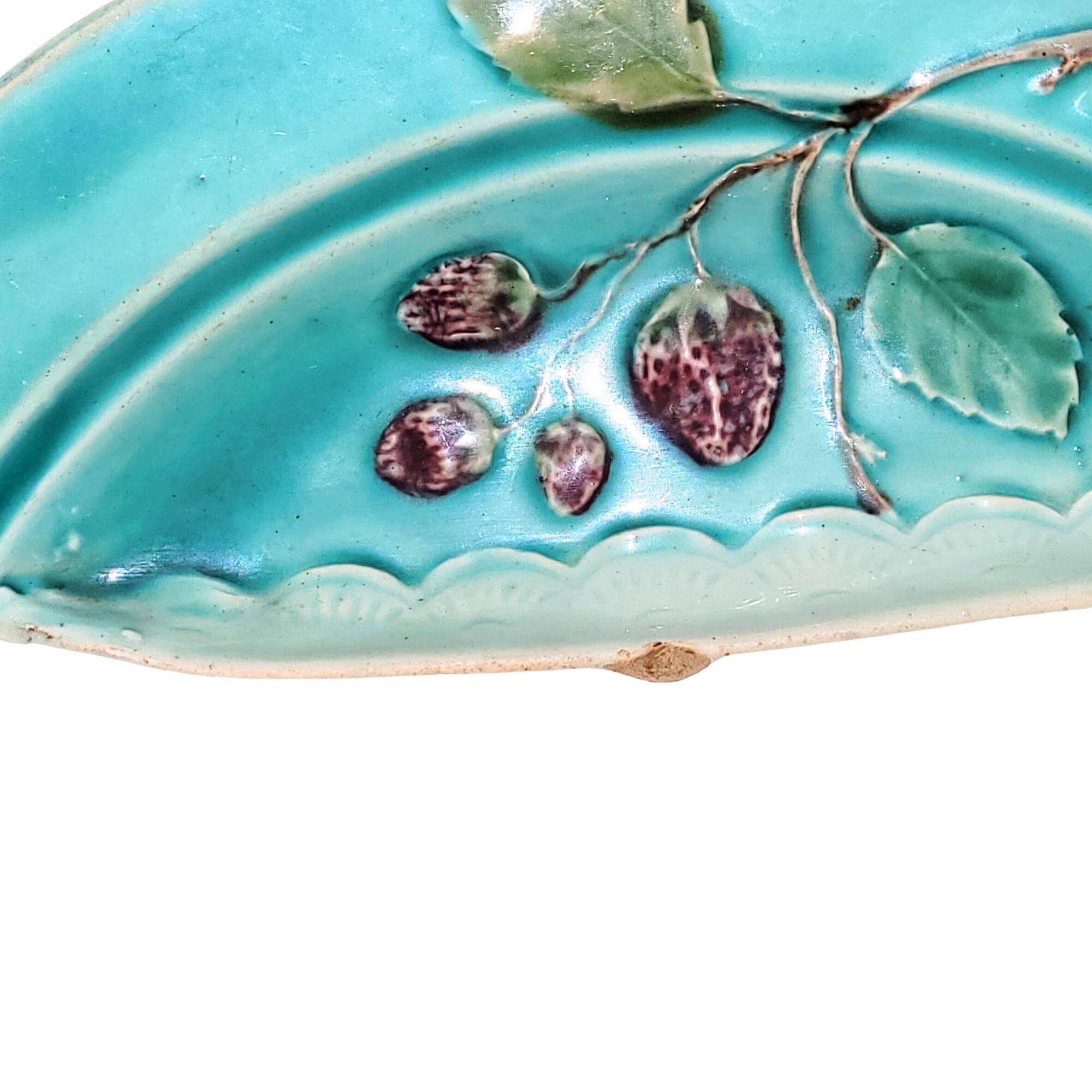 Majolica asparagus plate – 19th century slip – antique turquoise blue