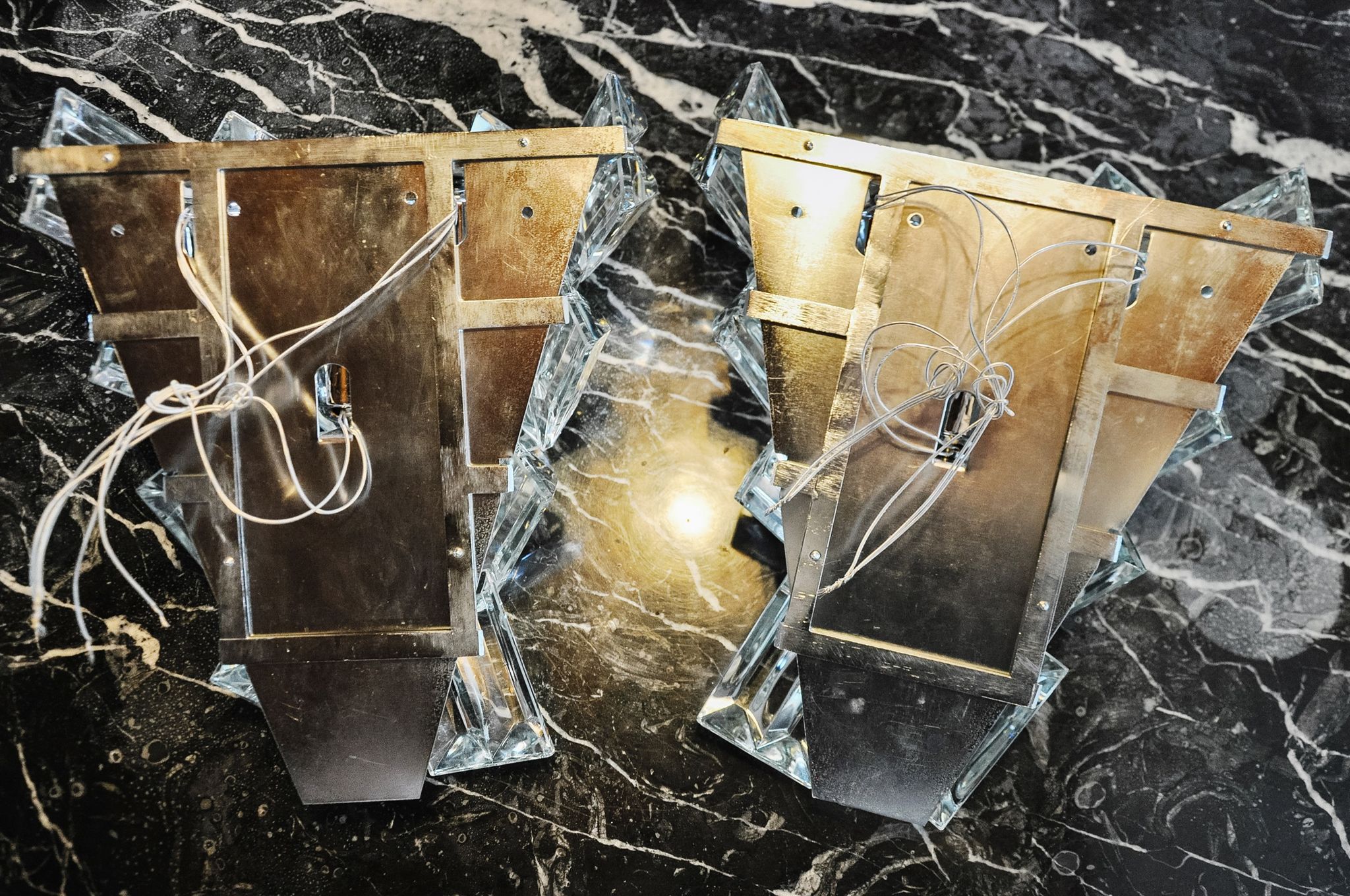 Pair of kinkeldey wall lamps, 4 levels, cut crystals germany, 1970