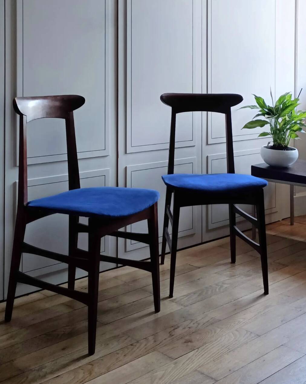 Italian teak chairs from the 1960s in blue.