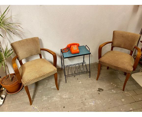Pair of bridge armchairs in solid wood and velvet circa 1950