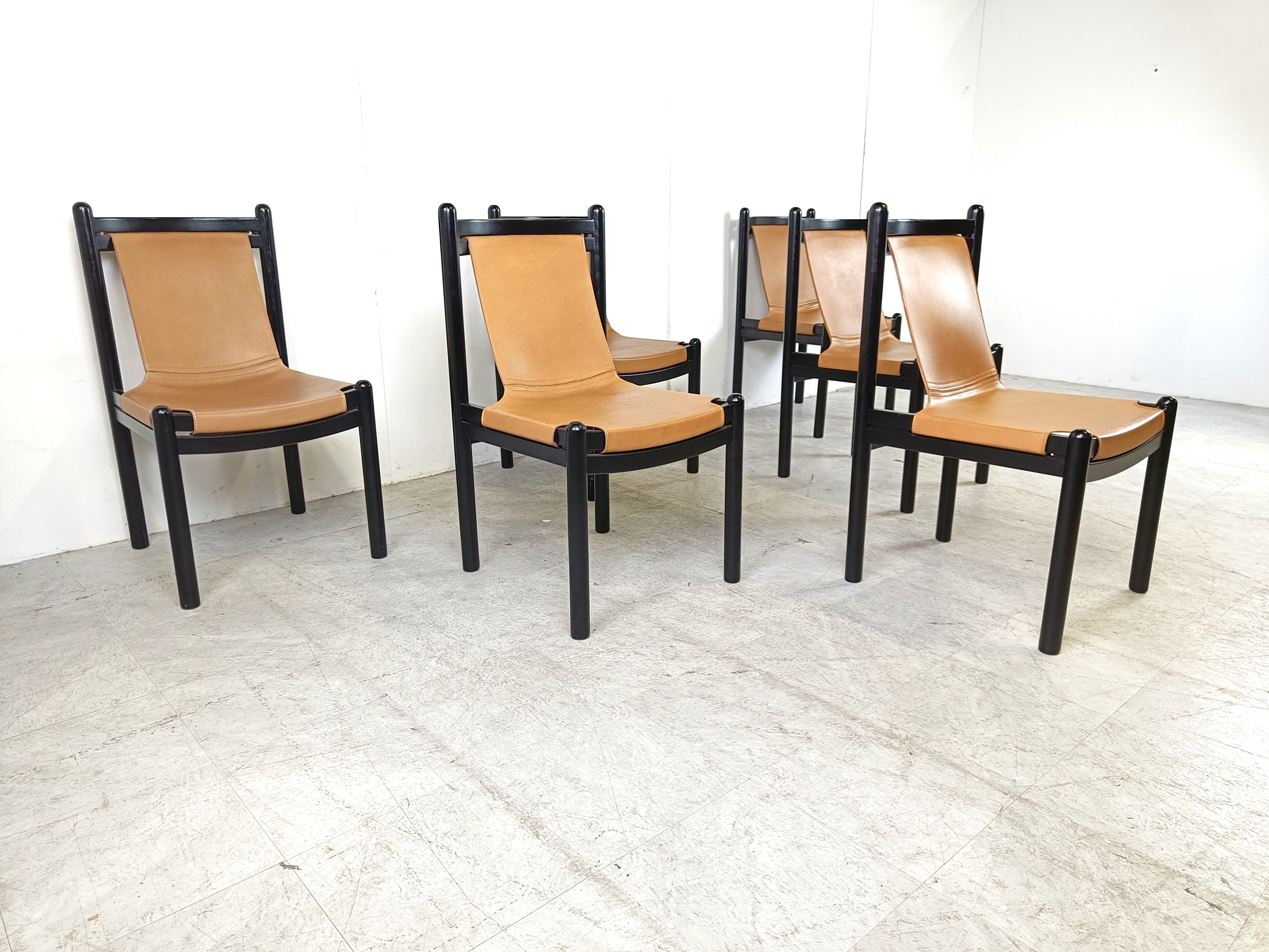Vintage italian sling leather dining chairs, 1960s