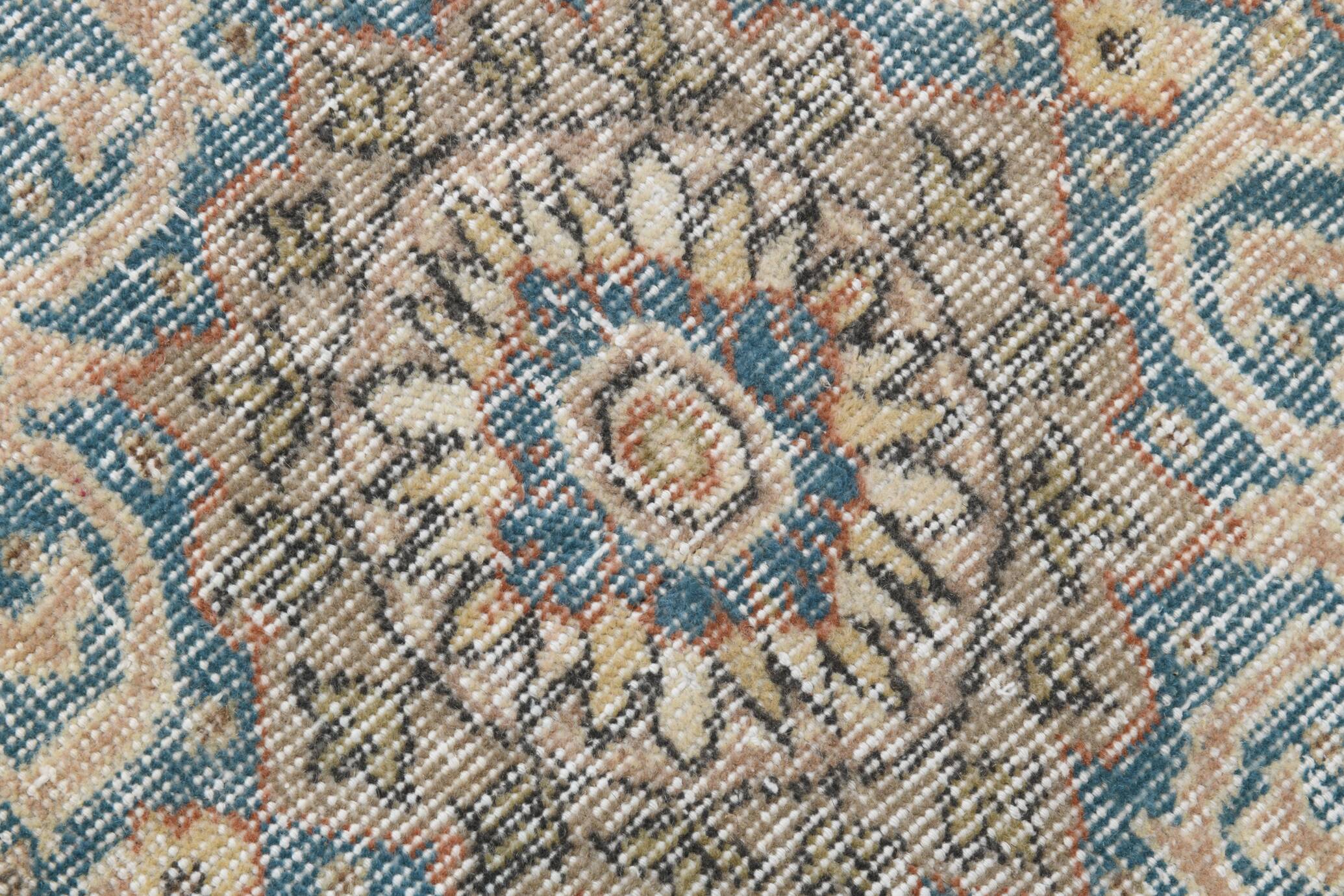 Tapis Persan Ancien – Fait Main Vintage à Médaillon, Tons Bleu et Brique