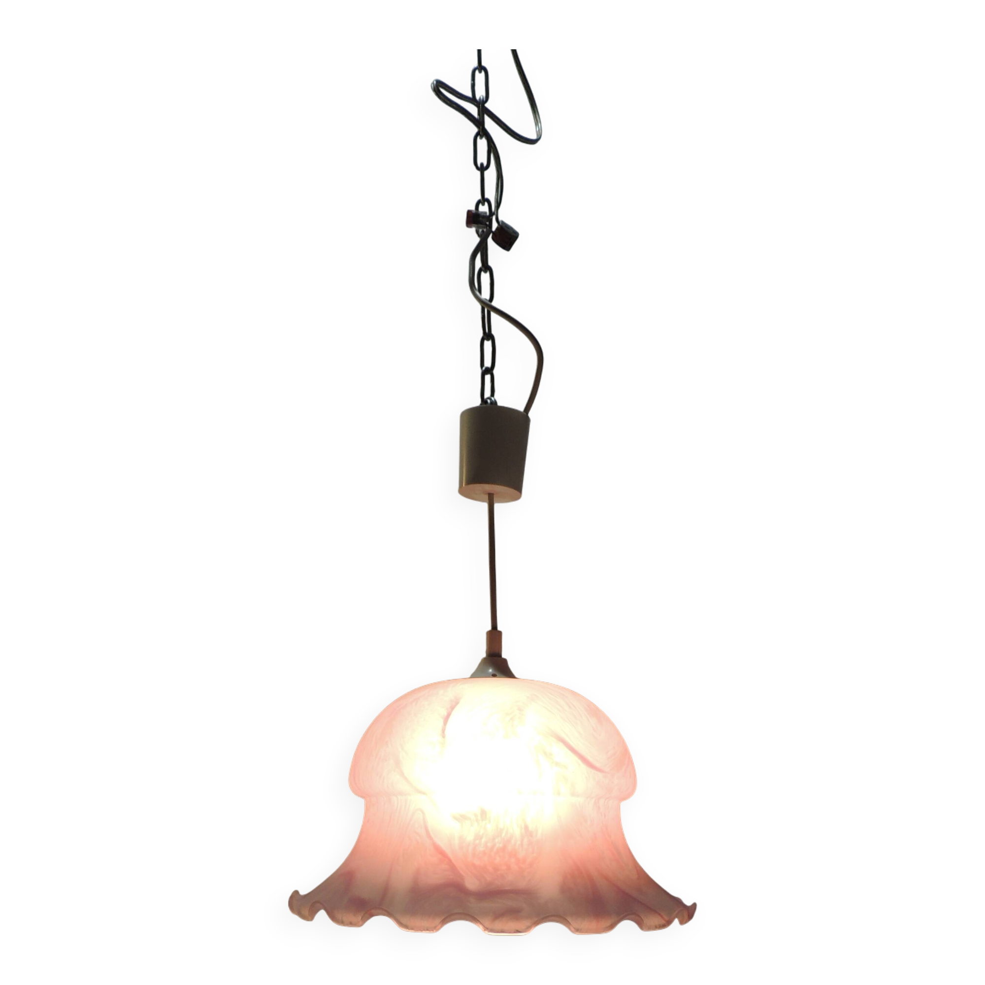 White and pink frosted glass pendant light/Vintage/1970s