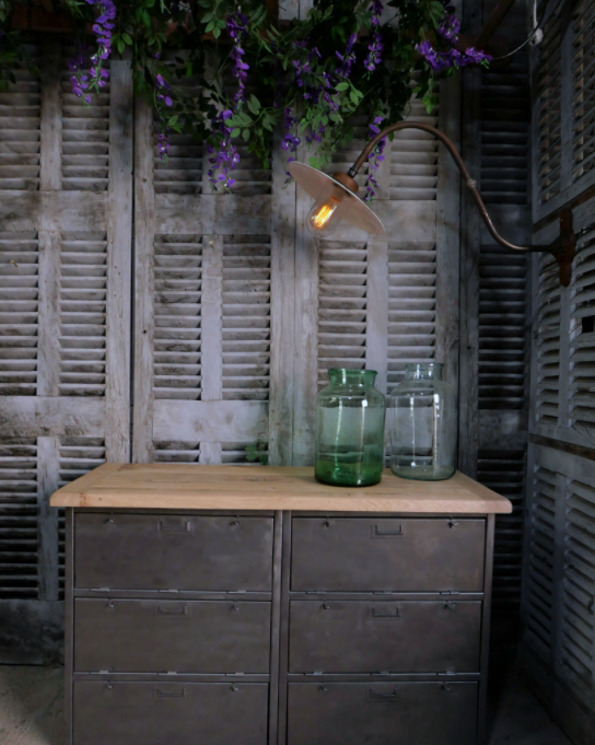 Military furniture metal console with wooden top and 6 drawers