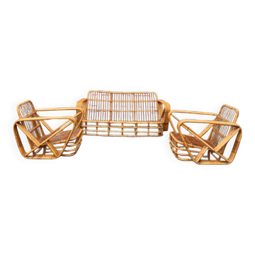 Rattan lounge | sofa + 2 armchairs | in the style of Paul Frankl |