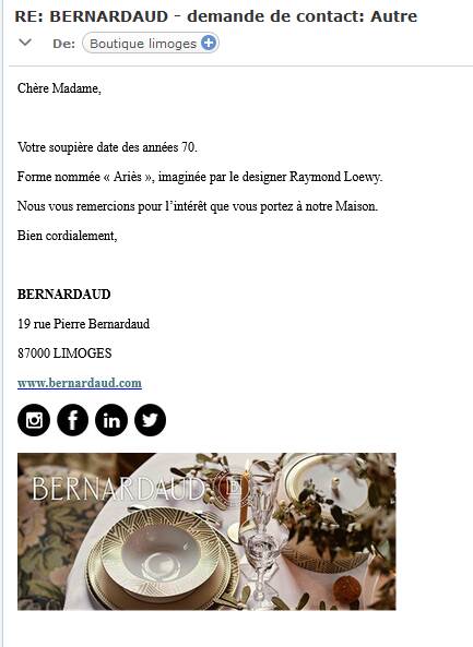 Ariès tureen by Raymond Loewy, Limoges Bernardaud porcelain, Themis pattern