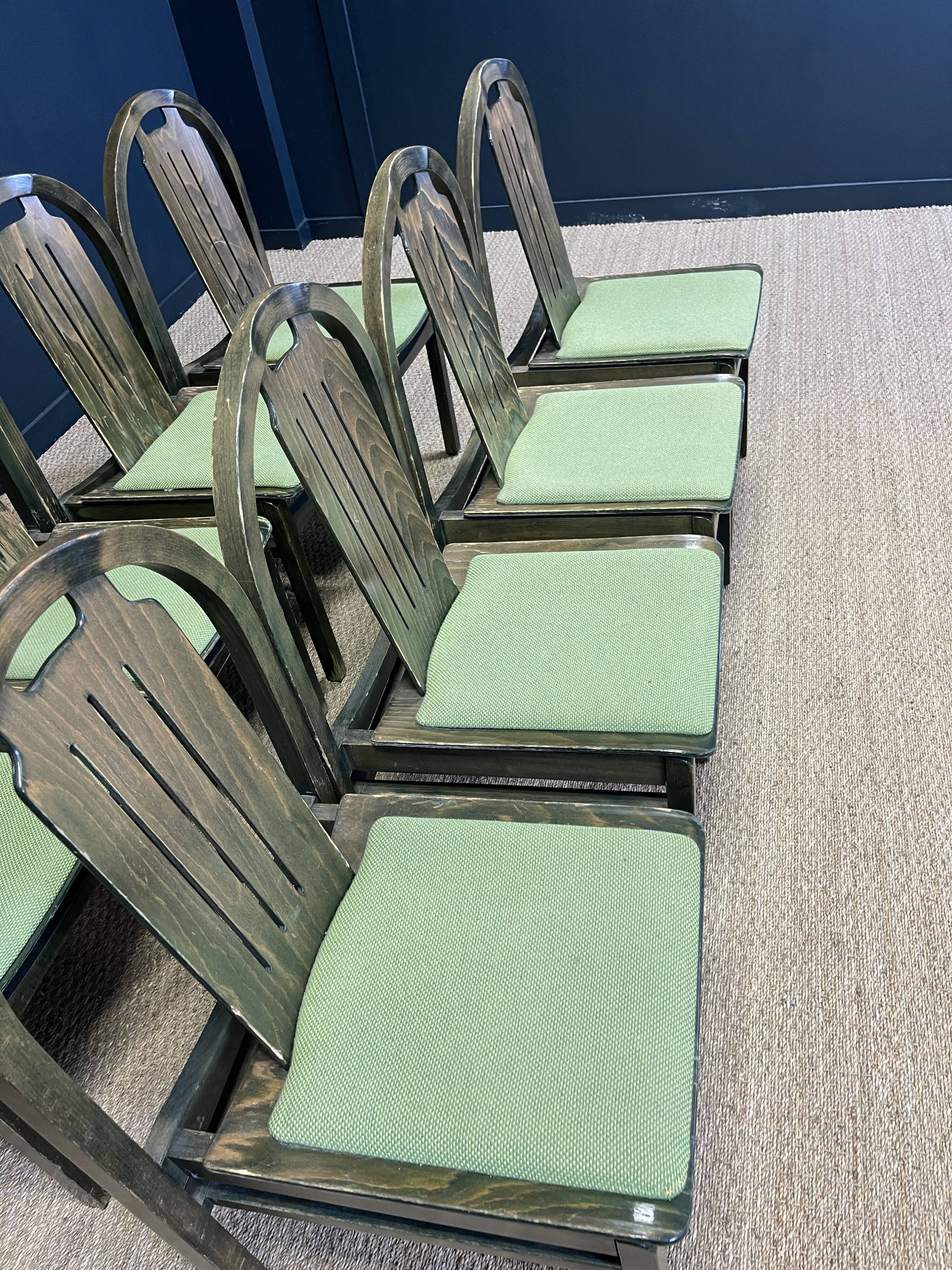 Set of 8 Baumann Argos bistro chairs wood and green fabric 80s France