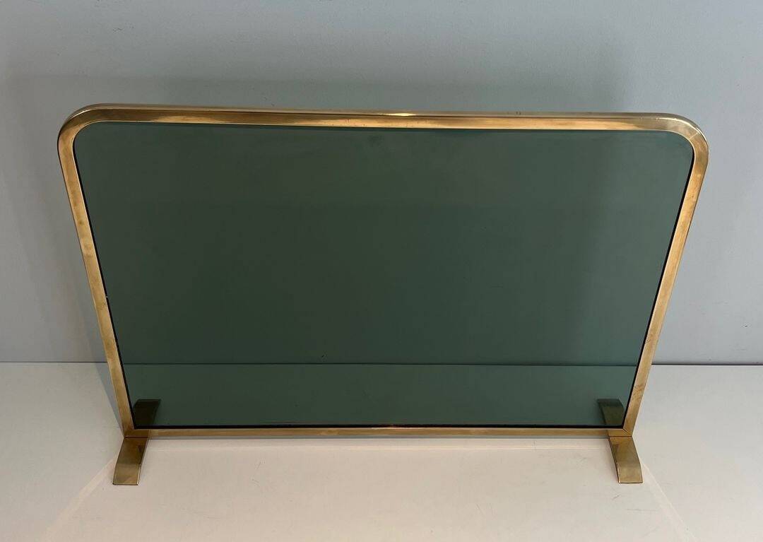 Single Panel Fire Screen in Tinted Green Glass with Brass Frame