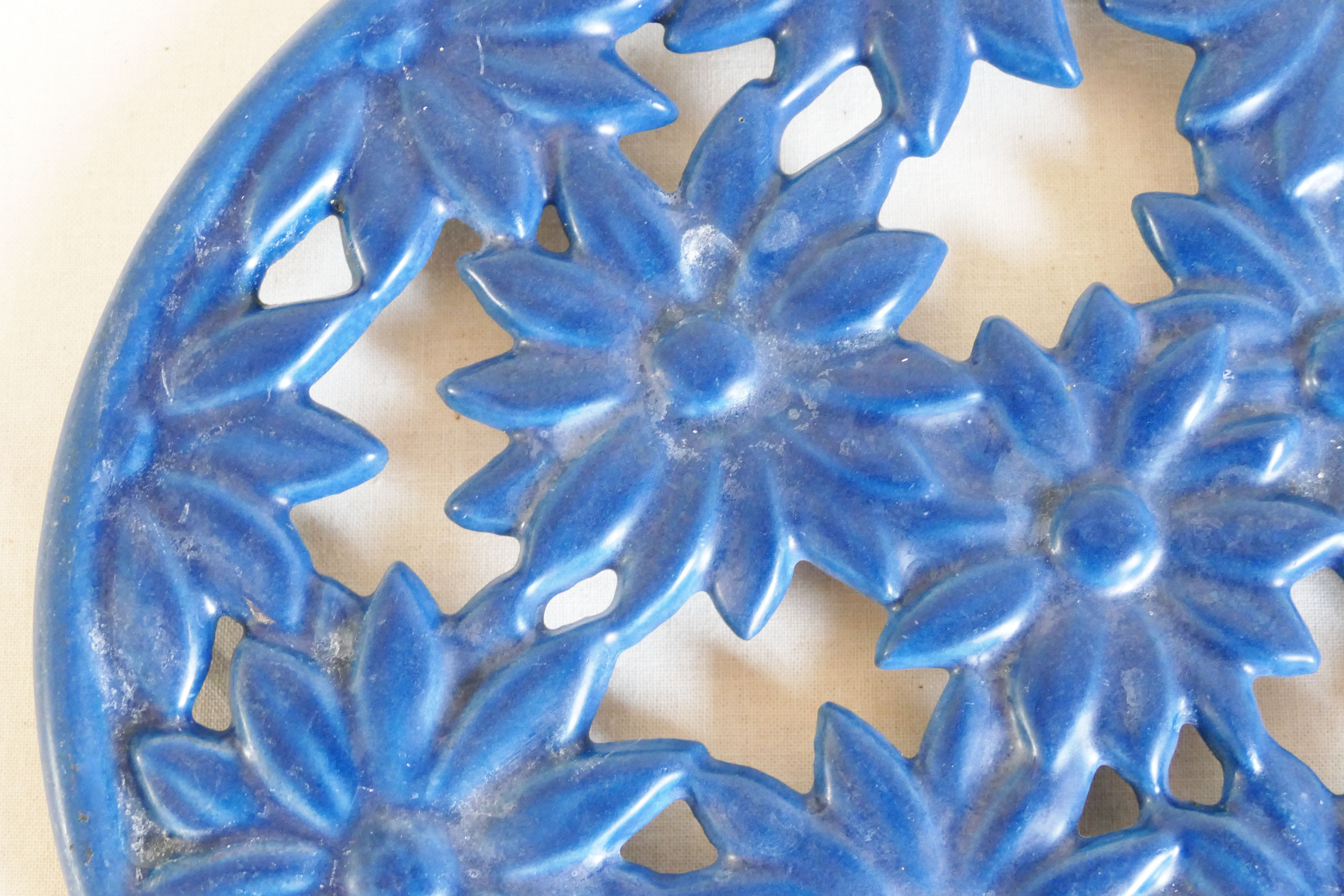 Old French blue enamelled cast iron underside