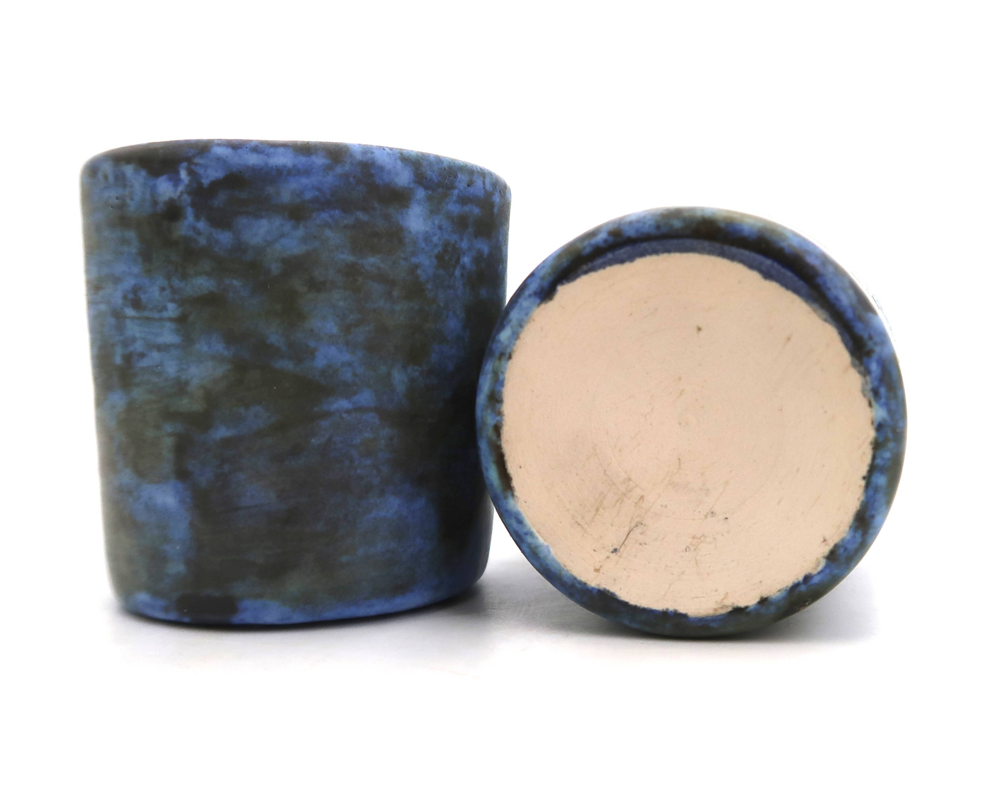 Two blue ceramic liqueur glasses by Jacques Blin, 1950s.