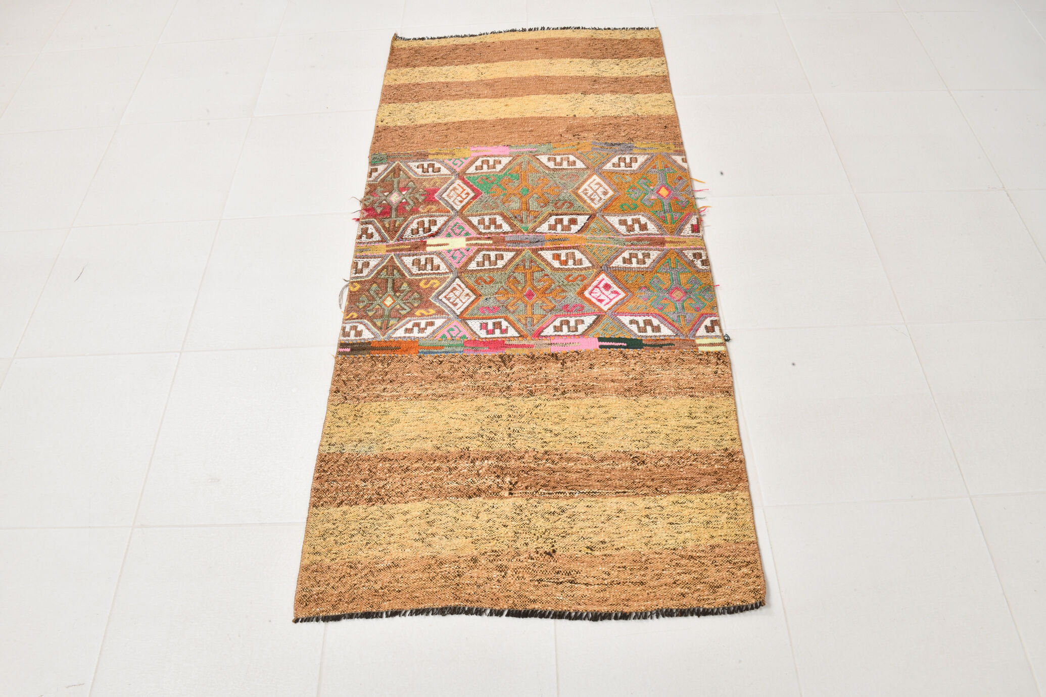 3x6 Light Yellow & Brown Turkish Kilim Rug, 83x173