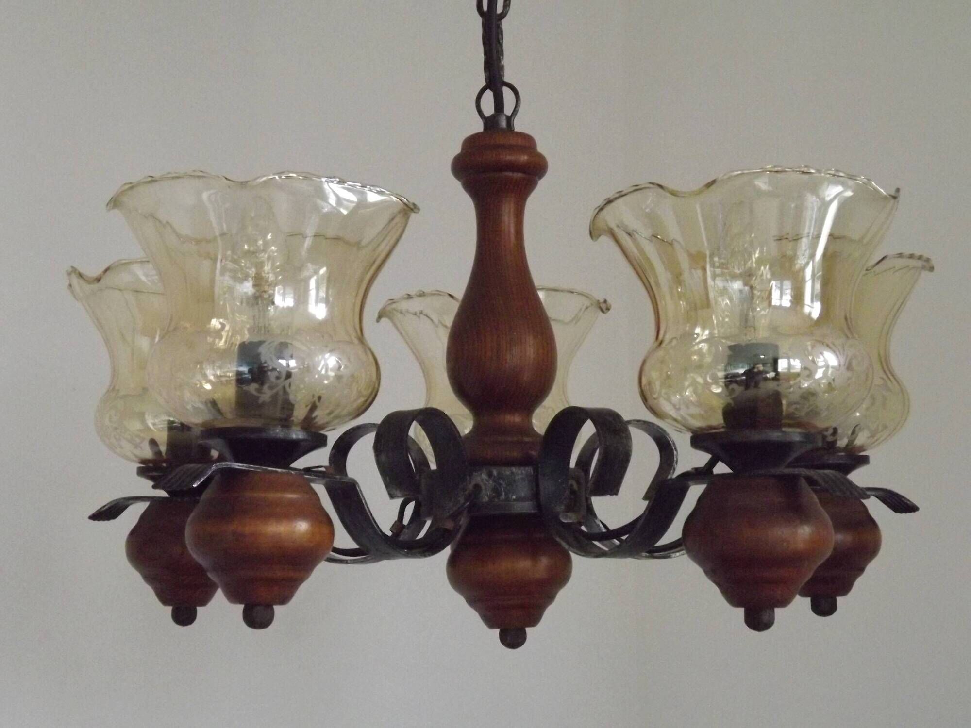 French 5 Light Mid Century Chandelier Wood Metal & Patterned Glass Shades
