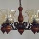 French 5 Light Mid Century Chandelier Wood Metal & Patterned Glass Shades