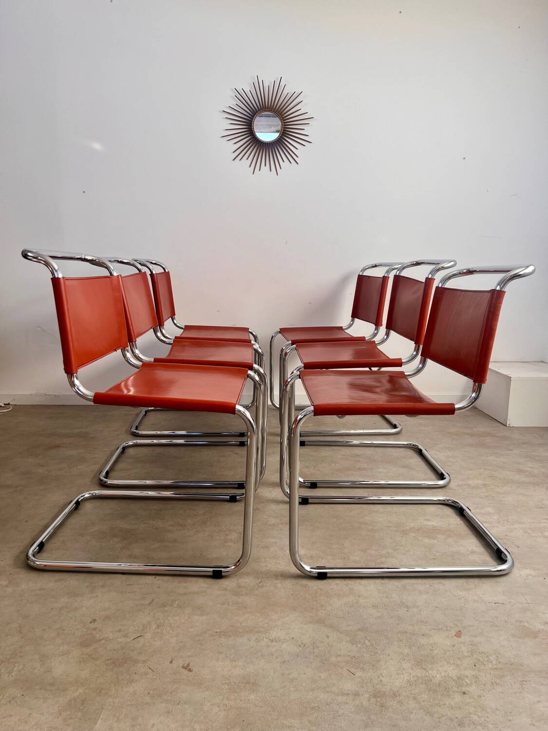 Lot 6 tubular chairs S33 design Mart Stam vintage cognac leather from the 70s