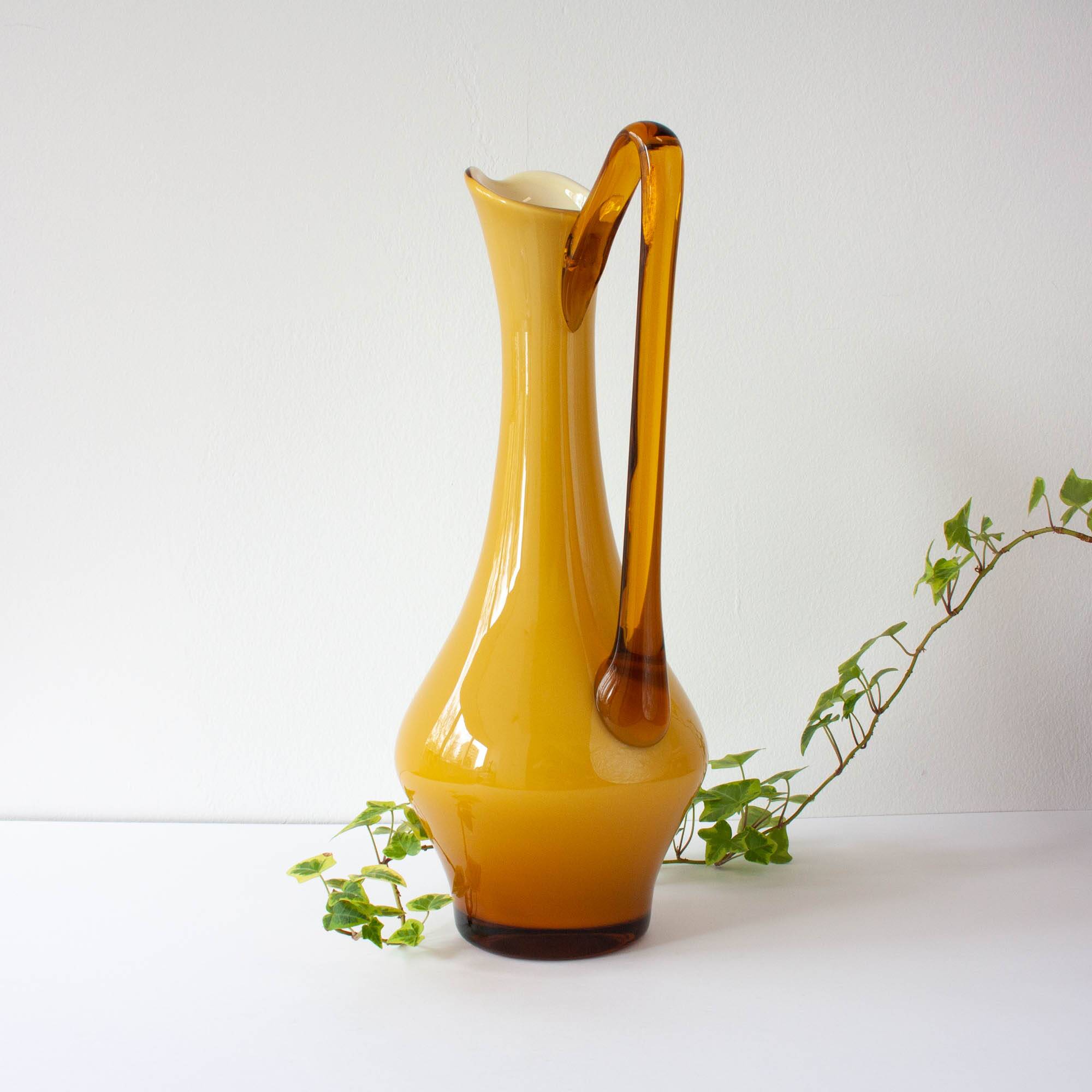 Vintage 1960s Portuguese Opaline Mustard Glass Jug
