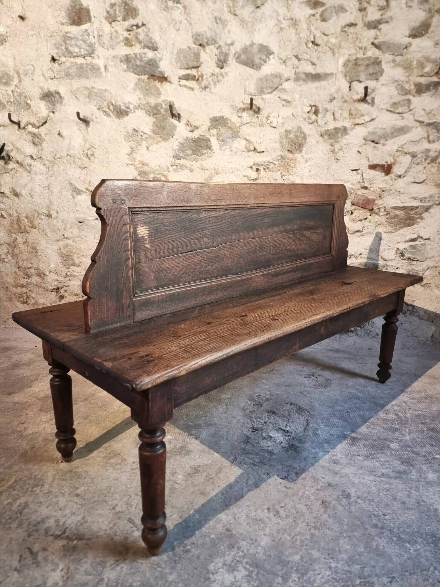 Antique French oak station bench – double-sided, 19th century (140 x 61 x 86 cm)